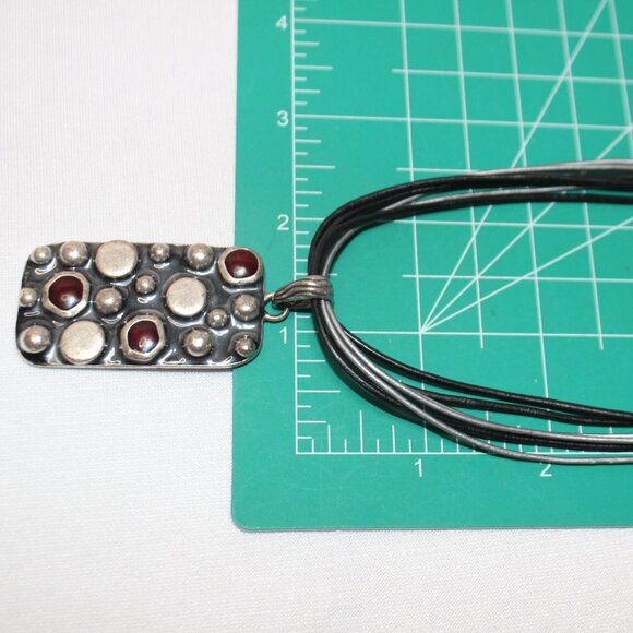 Chico's Melatlic Modern Art and Garnet Medalion Necklace - Picture 7 of 10